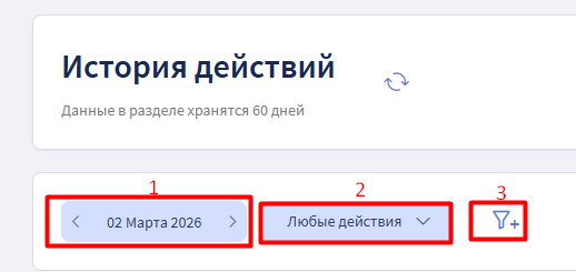 История действий: период, тип действия и фильтры. Экран из базы знаний Финтабло.